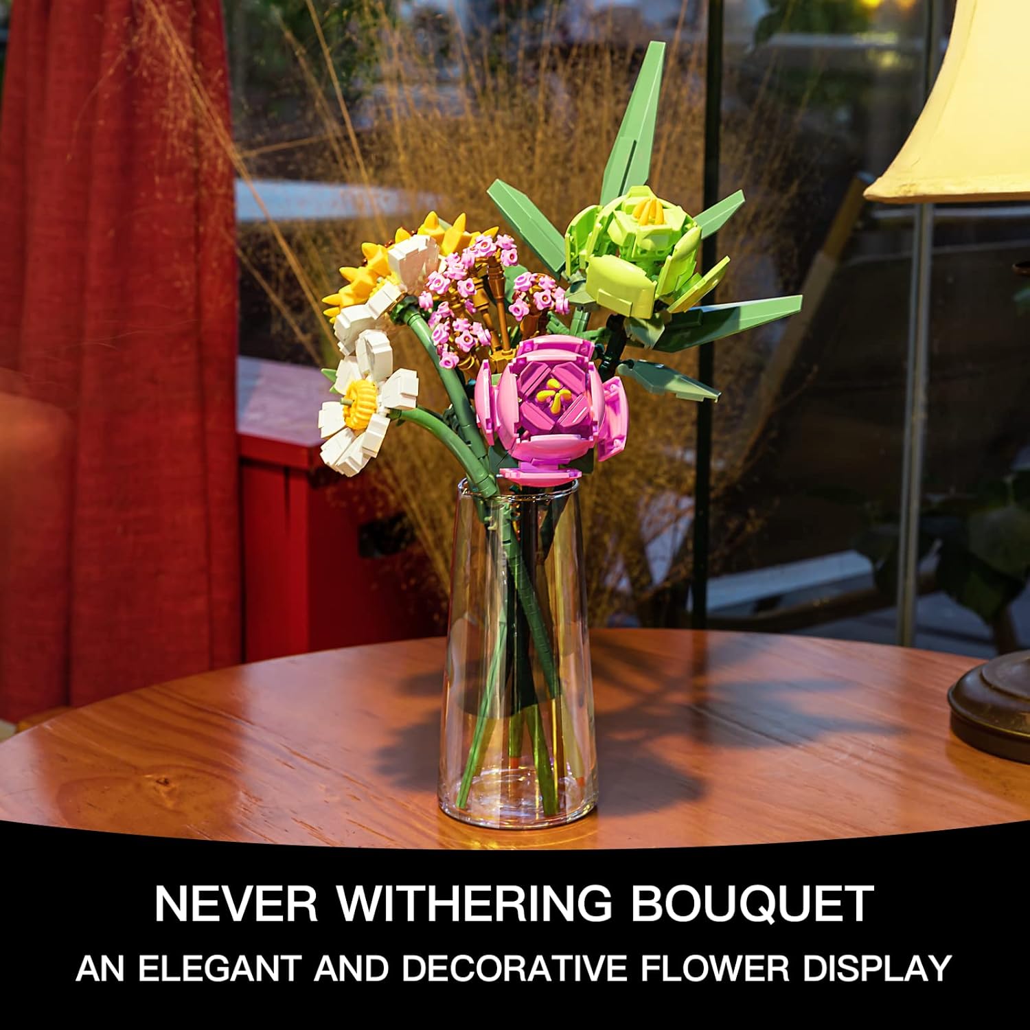 Assembled flower bouquet displayed in a clear glass vase