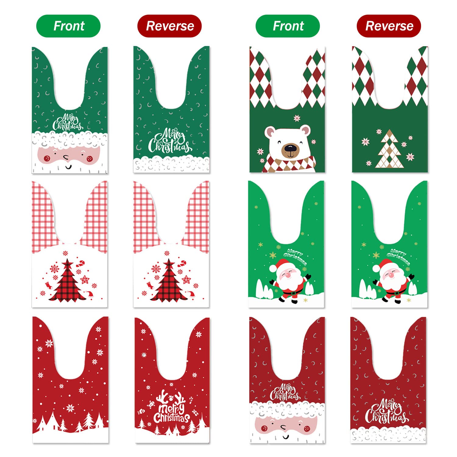 60 Sacchetti Regalo Di Natale A Forma Di Coniglio, 6 Design Diversi, 23x13 Cm, Per Caramelle, Biscotti E Piccoli Regali