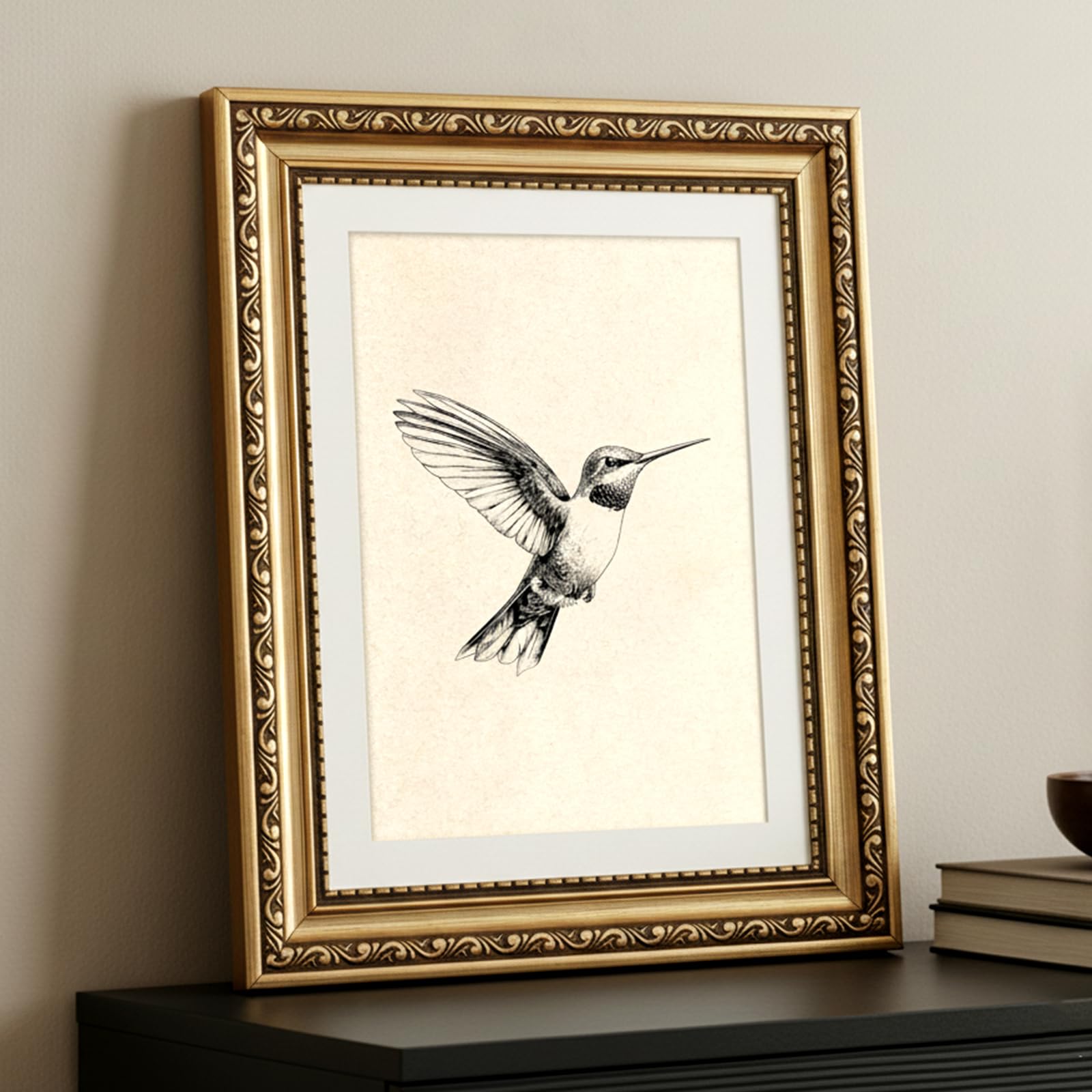 ARPEOTCY Vintage Gold Framed Wall Art Decor, Hummingbird Sketch Wall Art for Living Room Bedroom, 11x14 Inch Vintage Bird Oil Painting Canvs Artwork Prints for Kitchen Bathroom Decor Aesthetic