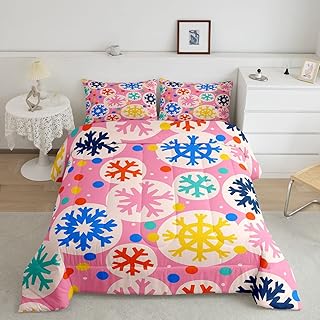Erosebridal Rainbow Snowflake Duvet Insert Pink Christmas Decorations Comforter Set for Kids Child Boys Girls,New Year Gift Colorful Dots Bedding Set Full, Christmas Decor