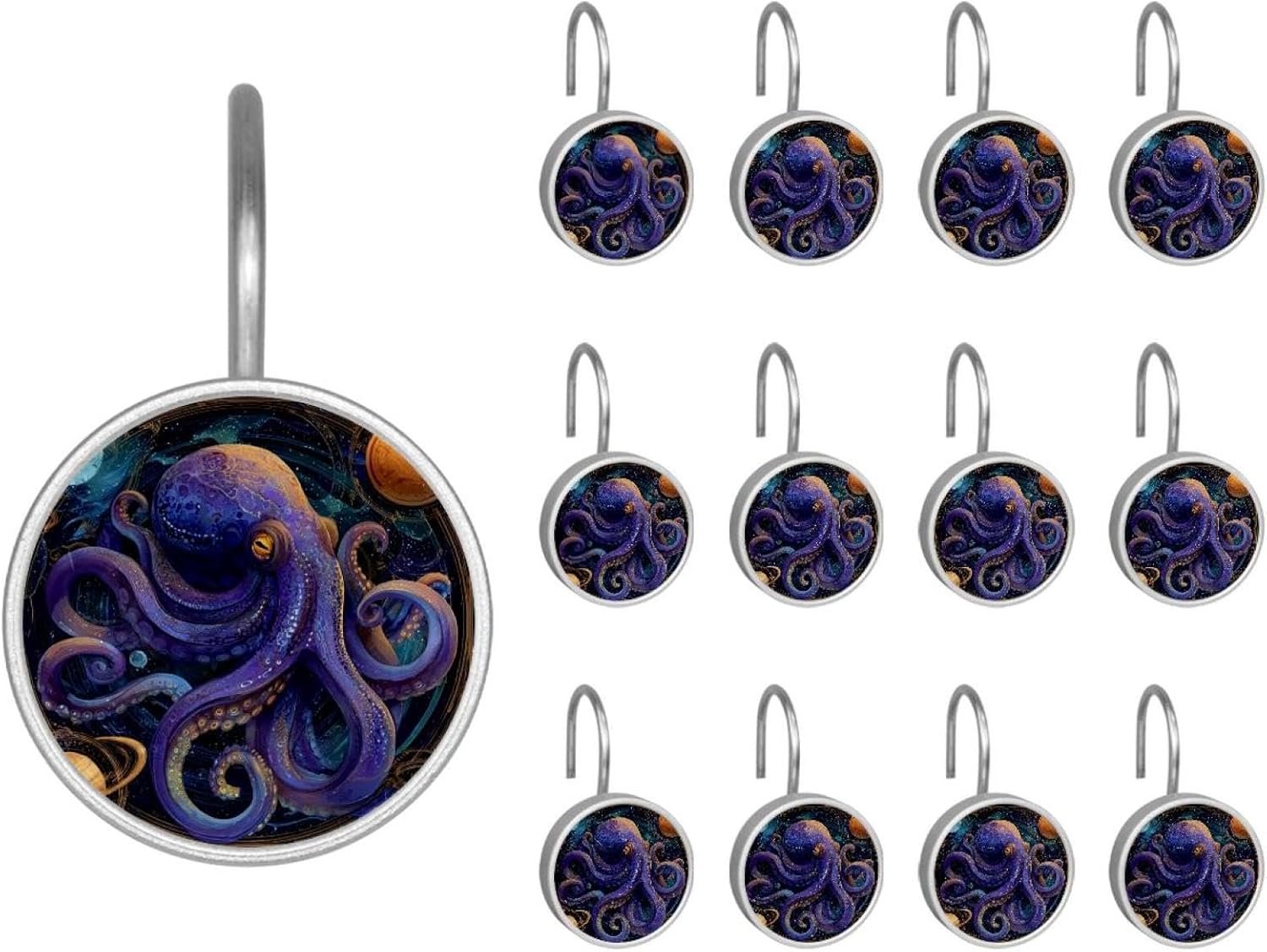 Octopus Cosmic Planets (2) Crystal Glass Shower Curtain Hooks Rings Decorative Bathroom Decor - Set of 12