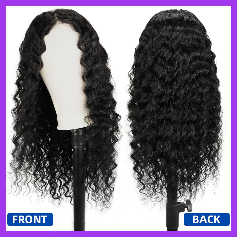 13x4 Deep Curly Glueless Wigs Human Hair Deep Wave Lace Frontal Wet and Wavy Wig 20 Inches 180 Density Water Wave Lace Front Wigs Human Hair Pre Plucked with Baby Hair Natural Black 1B