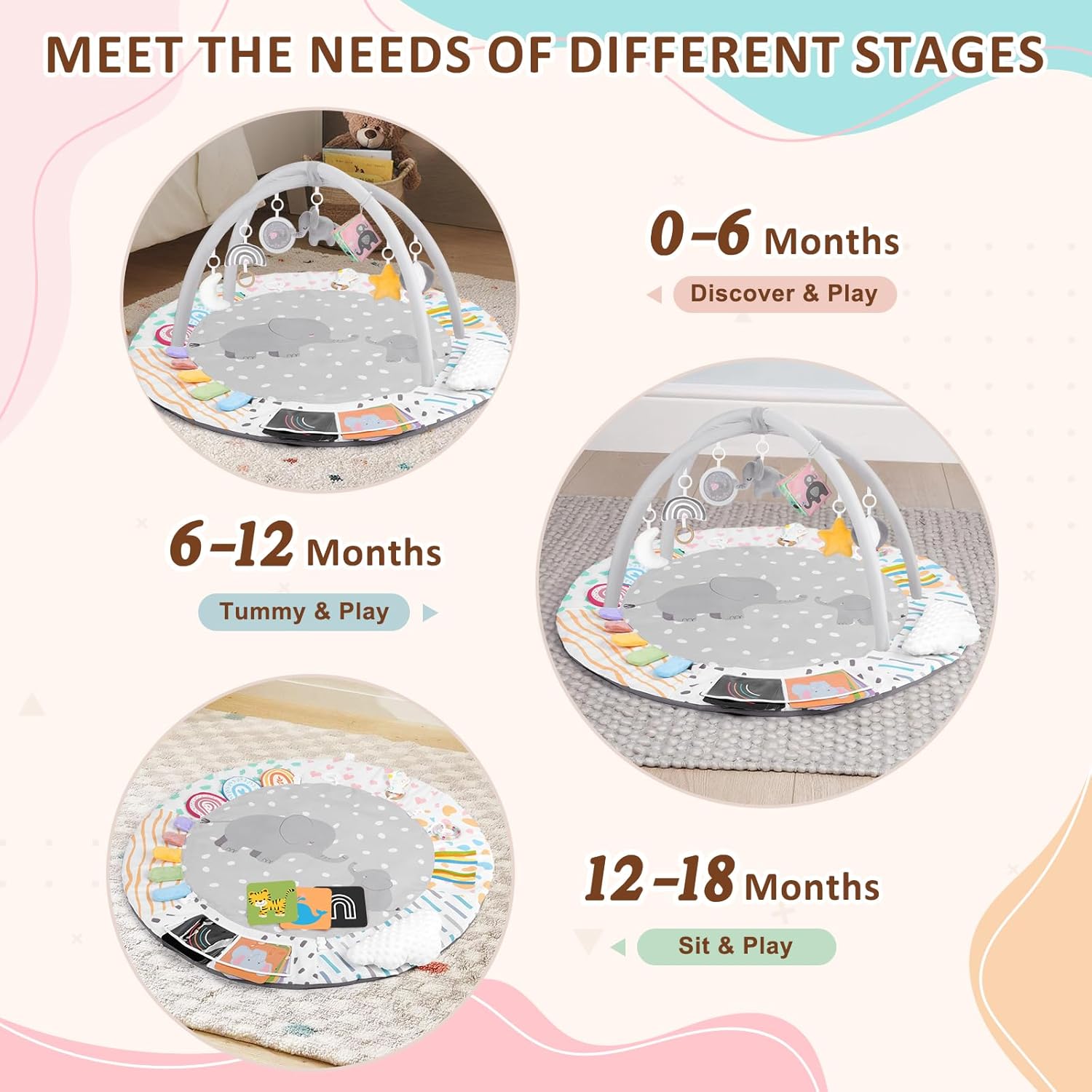 Baby Play Gym & Activity Mat, 4-in-1 Tummy Time Mat with Support Pillow, 7 Detachable Sensory Toys & Educational Cards for Motor Skills Development, Newborn Essentials Shower Gift, Grey Elephant