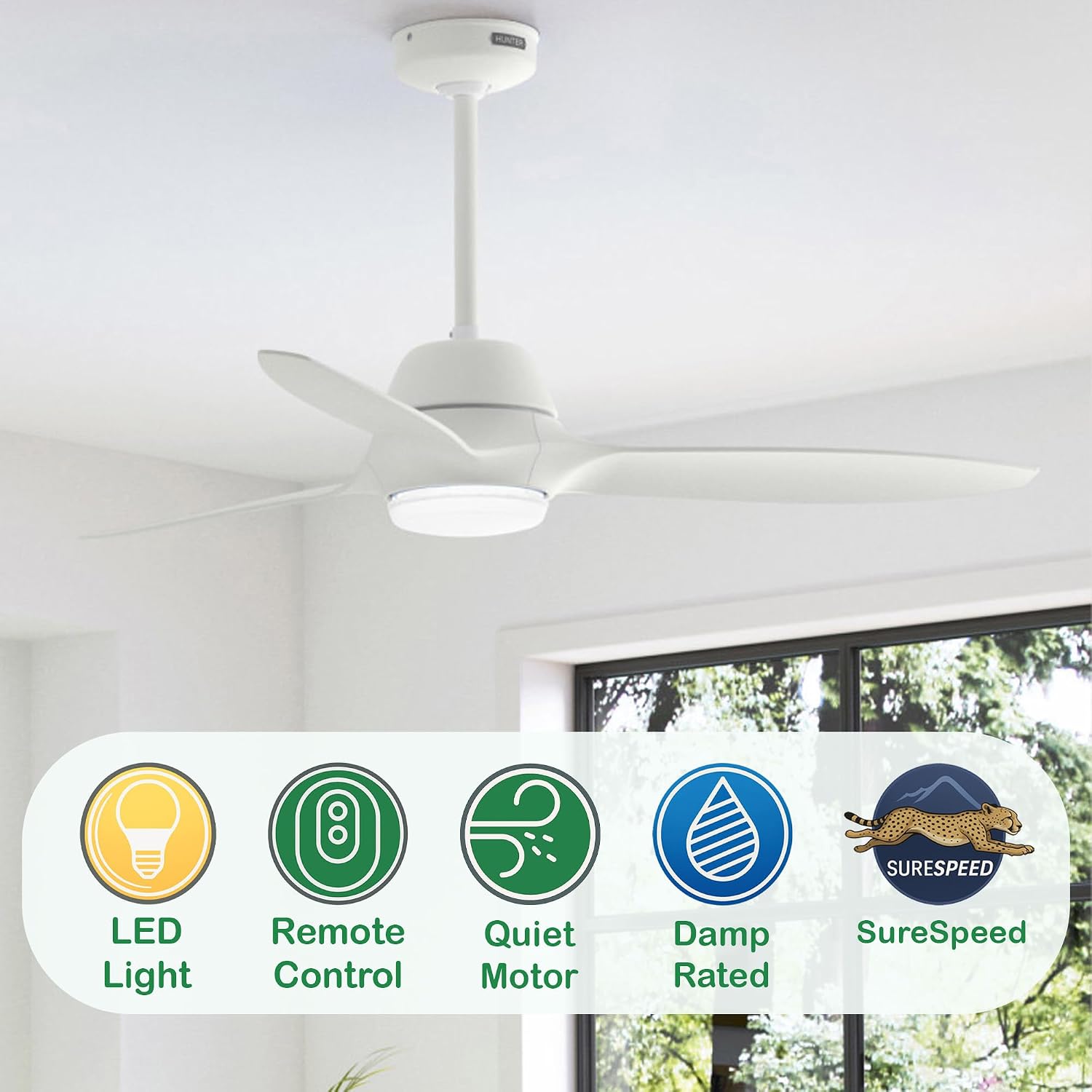 Hunter Fan Outdoor or Indoor Ceiling Fan, 52 in White Ceiling Fan with Light and Remote for Patios, Living Room, Bedroom, Porch, Garage, 3 Blades (Renewed)