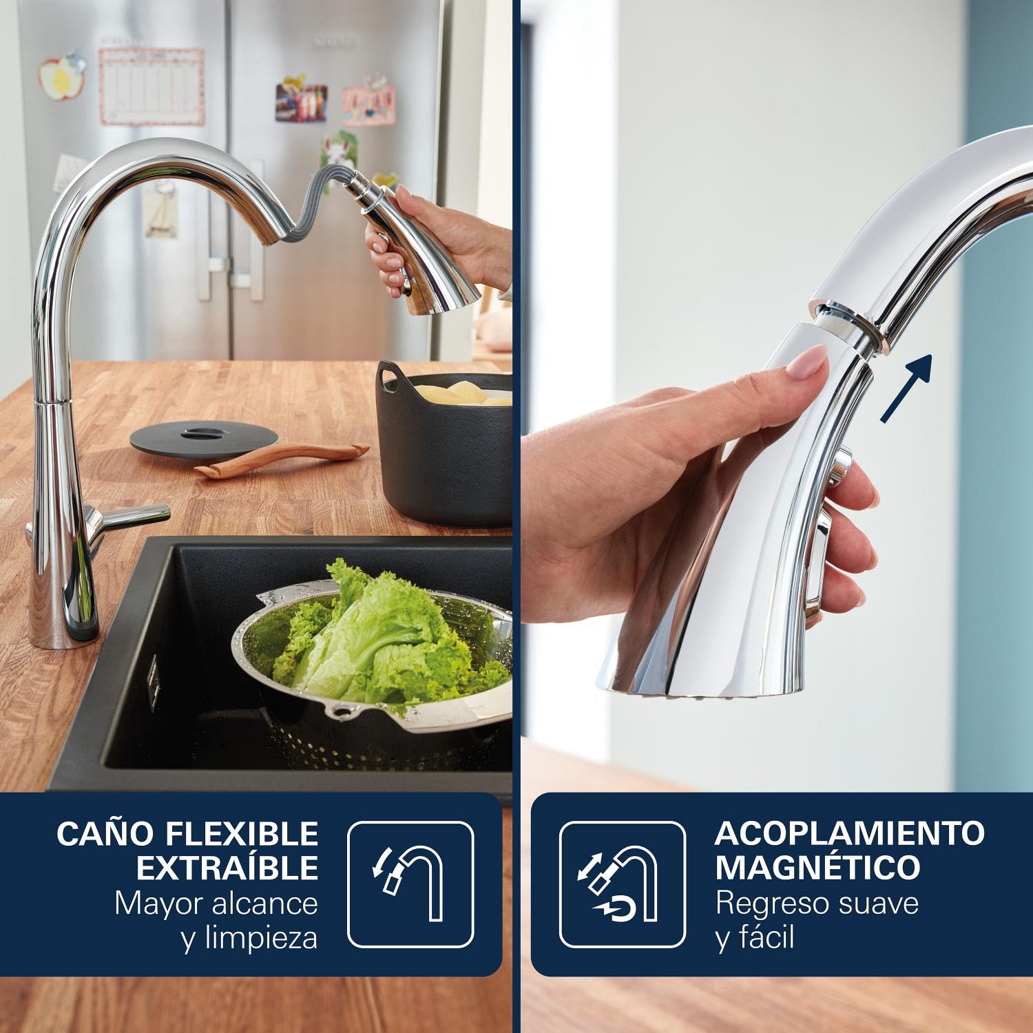 GROHE Zedra, Grifo de cocina 3 chorros (ducha extraíble, giratorio 360°, ahorro de agua con limitador de caudal variable, fácil montaje en fregadero), cromo, 32294002