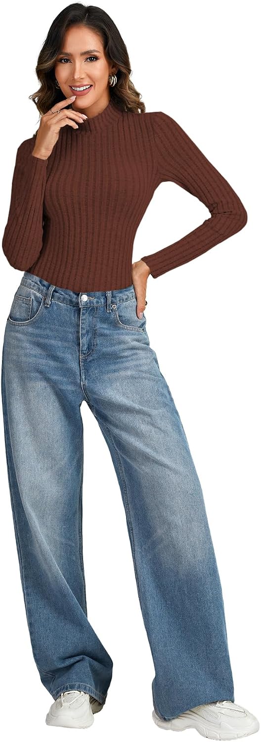 OPOIPIN Women's Turtle Neck Knit Pleated Long Sleeve Slim Fit Bodysuit Top