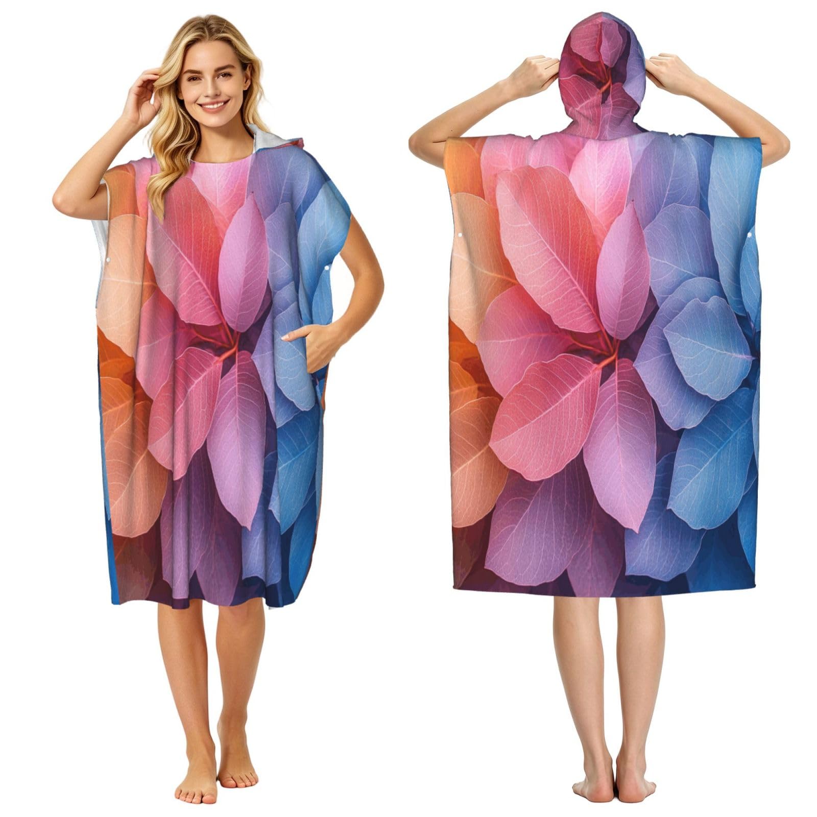 KLGRTJHK Watercolor Tropical Leaves Adult Hooded Beach Poncho Towel 43"X35"