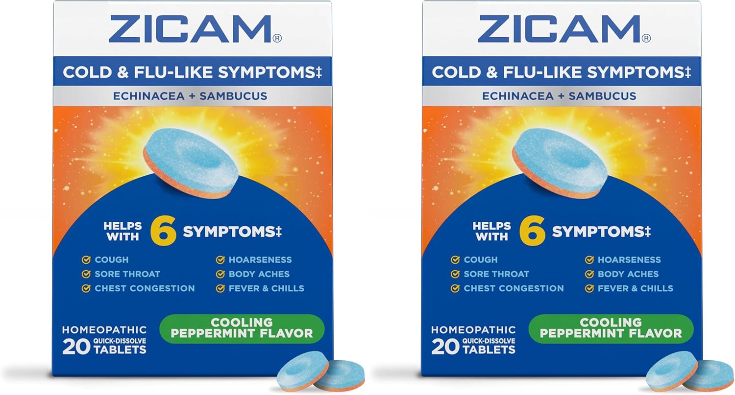 Zicam Cold & Flu-Like Symptoms with Echinacea and Sambucus, Homeopathic, Zinc, Cooling Peppermint Flavor, Helps with Cold Symptoms, 20 Tablets (Pack of 2)
