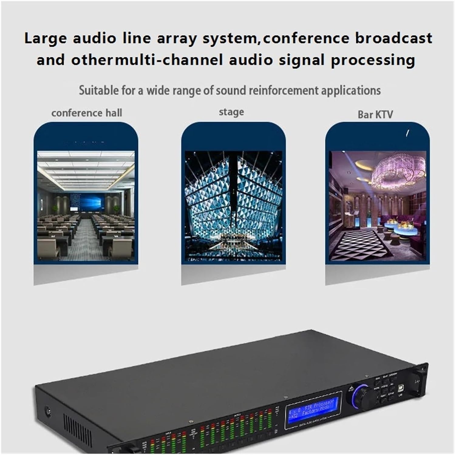 Images depicting the GAX-LA408 in various application scenarios: conference hall, stage, and KTV