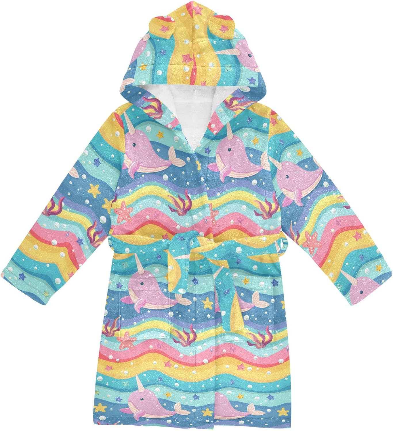 senya Rainbow Wave Whale Toddler Hooded Bathrobe Kids Soft Plush Bath Towel Robes for Boys Girls 2-12 Years