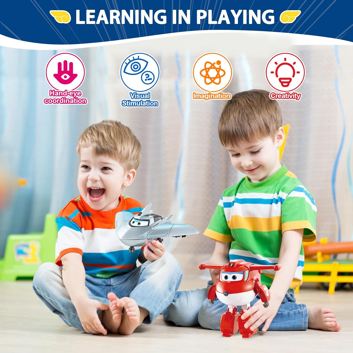 Super Wings Transformable Toys Playset, 5 in Jett and Traver Airplane Transforming Figures Toys Set, 2 in 1 Mode Rescue Bots Toy for 3-5 Year Old Boys Girls, Plane Toy for Toddlers Kids Age 3 4 5 6