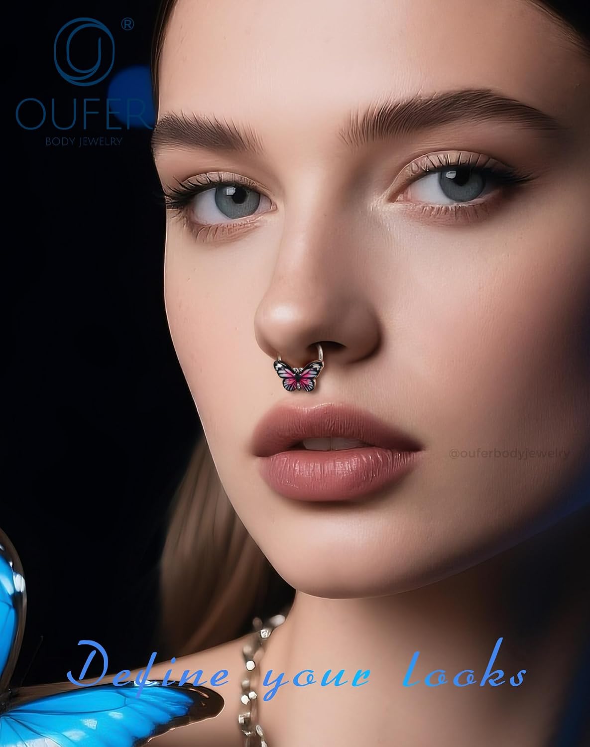 OUFER Butterfly Septum Rings, 16G Daith Septum Piercing Jewelry, Hinged Segment Clicker Daith Helix Cartilage Earrings for Women Men-Blue/Pink