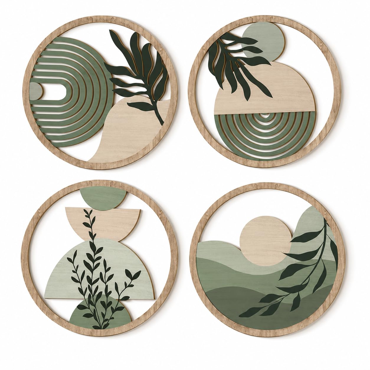 XENOVATE 4Pcs Boho Wooden Green Wall Art, Vintage Green Boho Wall Art Ornament, Minimalist Rustic Living Room Decor Set, Bohemian Style Wall Art For Bedroom Home Aesthetic Decoration