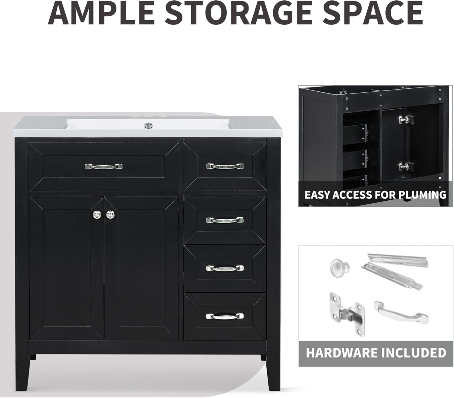 36" Bathroom Vanity Without Sink, Base Only,Solid Wood Cabinets Basin Vessel Set with 3 Drawers,Water, Stain Proof,Ample Enclosed Storage Spaces,Black