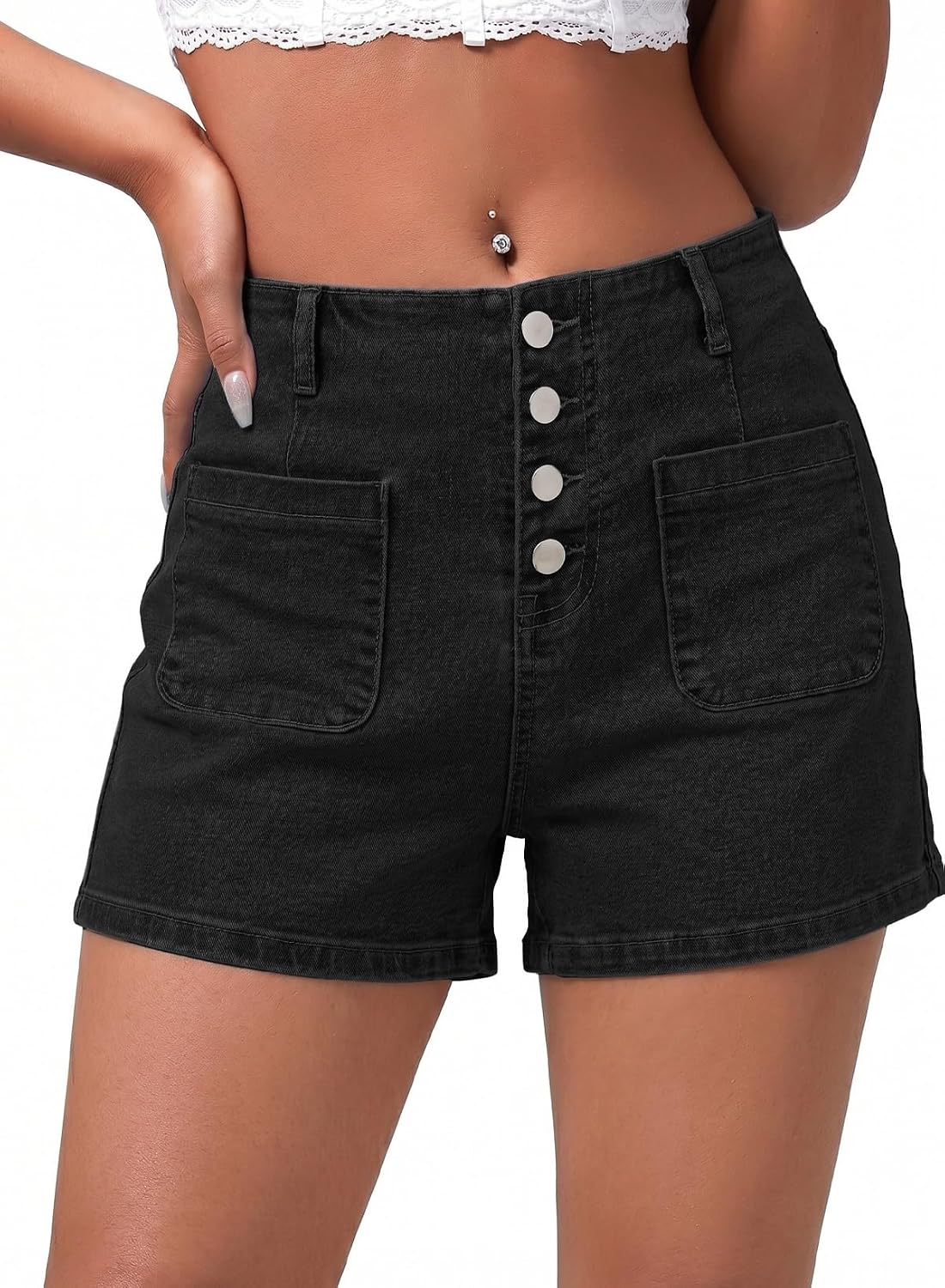 Sidefeel Women's Jean Shorts Button Fly Stretchy High Waisted Summer Outfit Denim Shorts