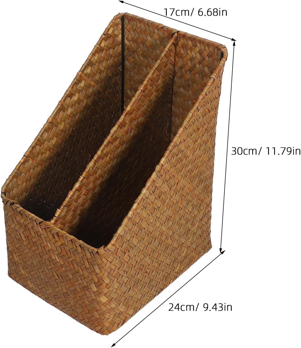 VICASKY Rustic Desk Organizer Basket for Small Items and Magazines, Handmade Straw Material with Double Compartments, Space Saving and Versatile Storage for Office or Study Room