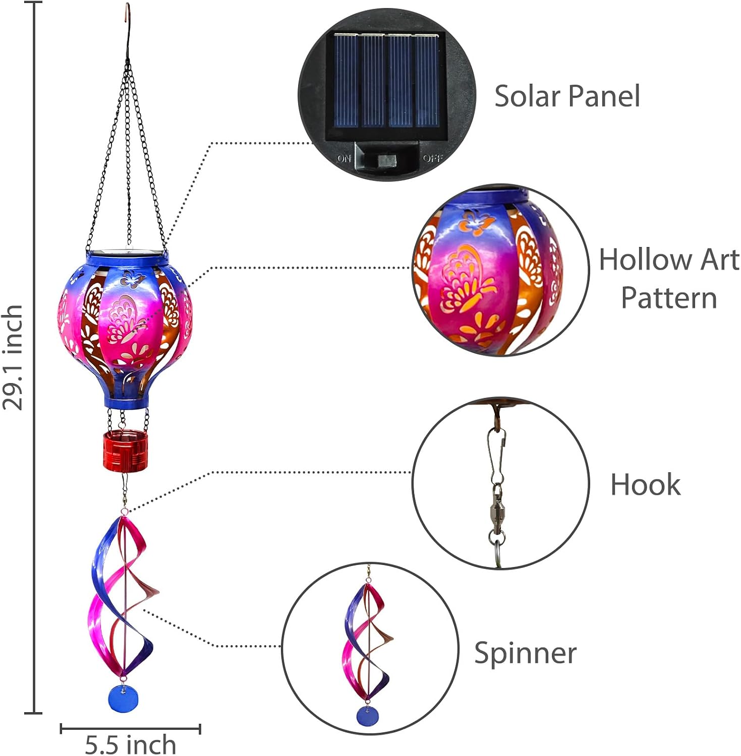 Hot Air Balloon Solar Lantern Butterfly Wind Spinners with Flame Light