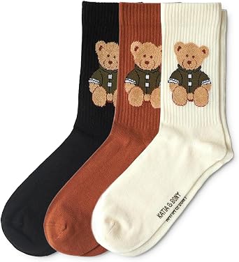 bony&katia Cute Teddy Bear Crew Socks for Women and Men 3 Pairs Set - Soft Breathable Cotton - Gift Idea for Mothers Day