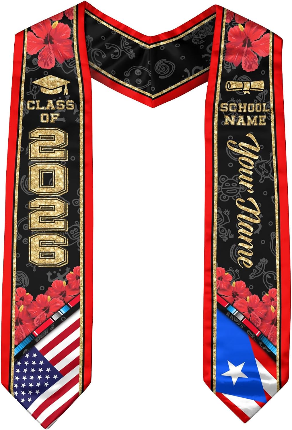 Custom Puerto Rico American Flag Graduation Stole 2026, Puerto Ricans Graduation Sash