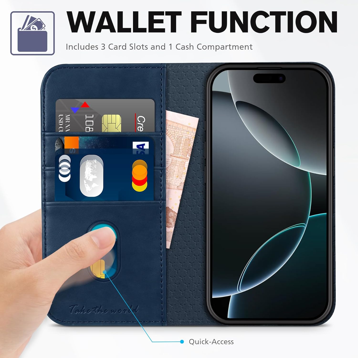 TUCCH Wallet Case for iPhone 16 Pro, PU Leather RFID Blocking [3 Card Slot] Folio Cover, Kickstand Book Design [Shockproof TPU Interior Case] Compatible with iPhone 16 Pro 5G 2024, Dark Blue