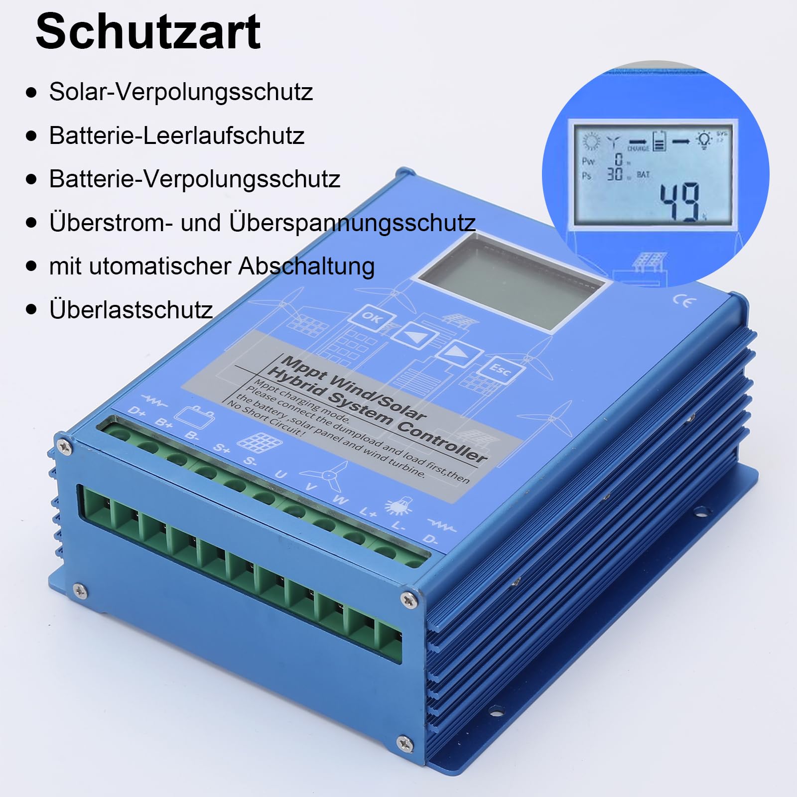 1600W Wind-Solar Hybrid MPPT Laderegler mit Boost-Ladefunktion für 1000W Windgenerator & 600W Solarpanel 12V/24V Batterie Regler mit Dump Load