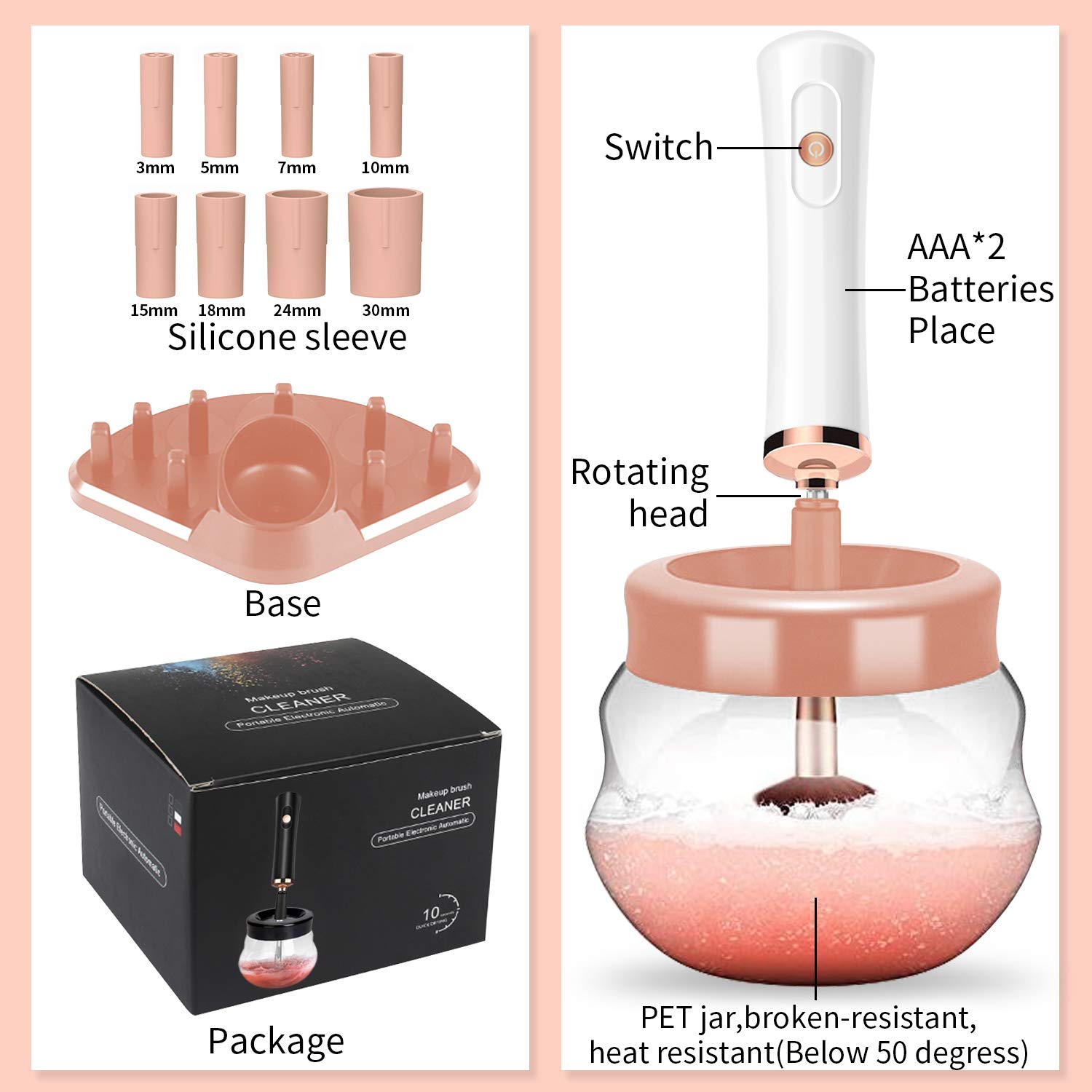 Makeup Brush Cleaner, Electric Makeup Brush Cleaning Dryer Set Spinner Automatic with 8 Rubber Collars for Deep Clean Most Size Makeup Brushes (PINK) : Beauty & Personal Care