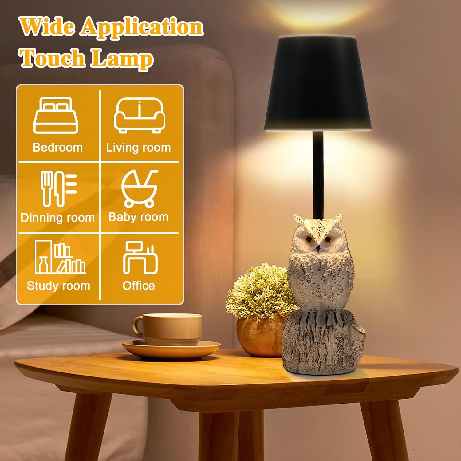 TYNLED Owl Table Lamp placed on a wooden desk, illustrating its wide application in different room types like bedroom, living room, dining room, baby room, study room, and office.