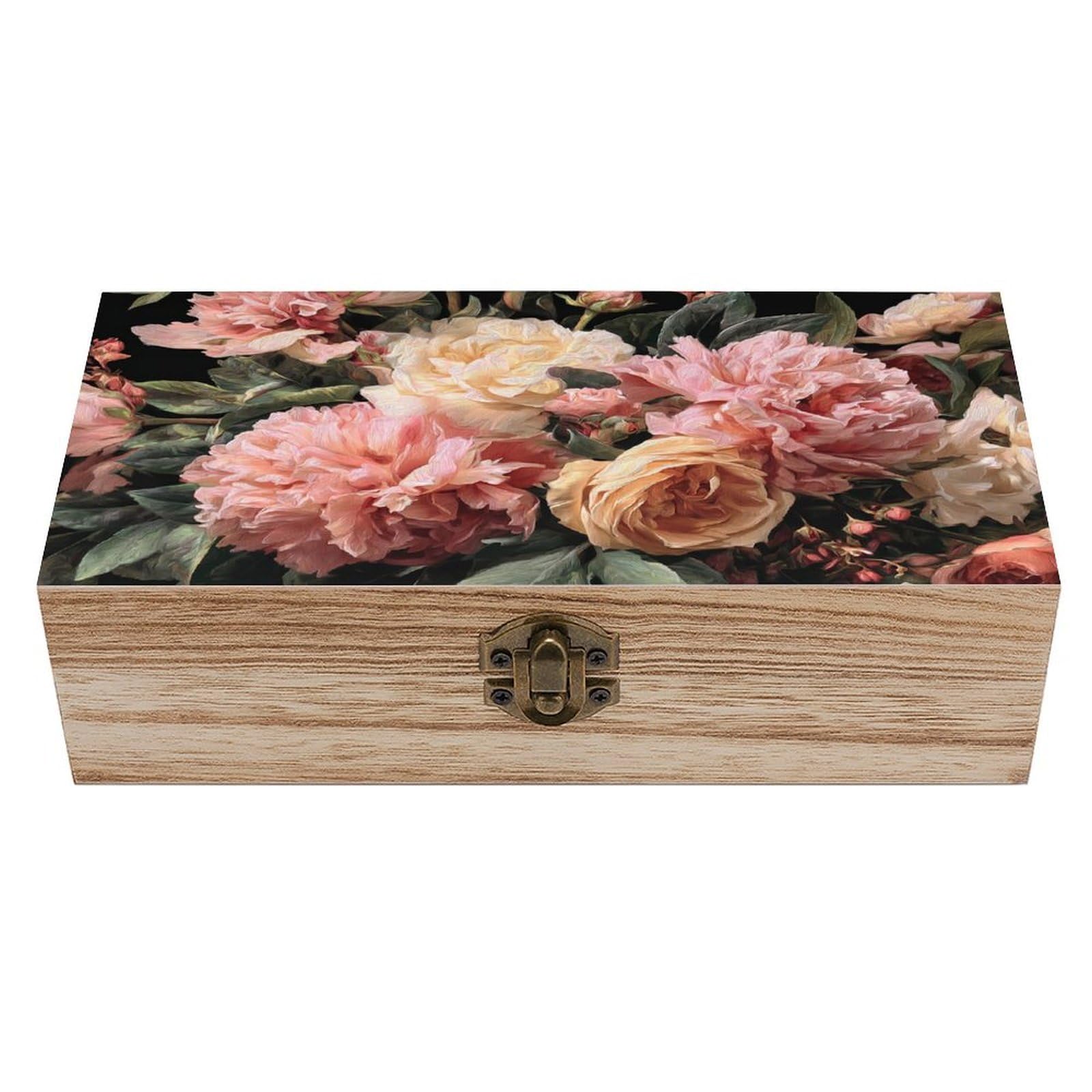 Ahdyr As Pic Pink And Peach Peonies Wooden Storage Box With Hinged Lid And Front Clasp Large Keepsake Box