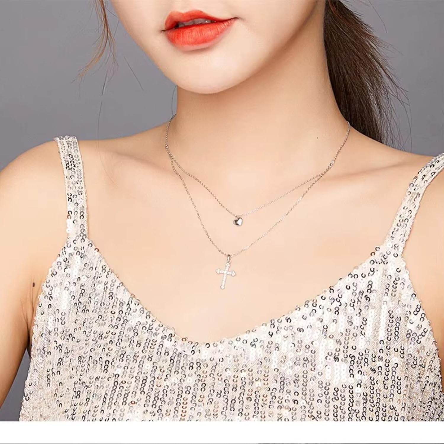 [GELS] 女性用スターリングシルバーダブルレイヤーペンダントネックレス,チョーカー,925スターリングシルバー,キュービックジル