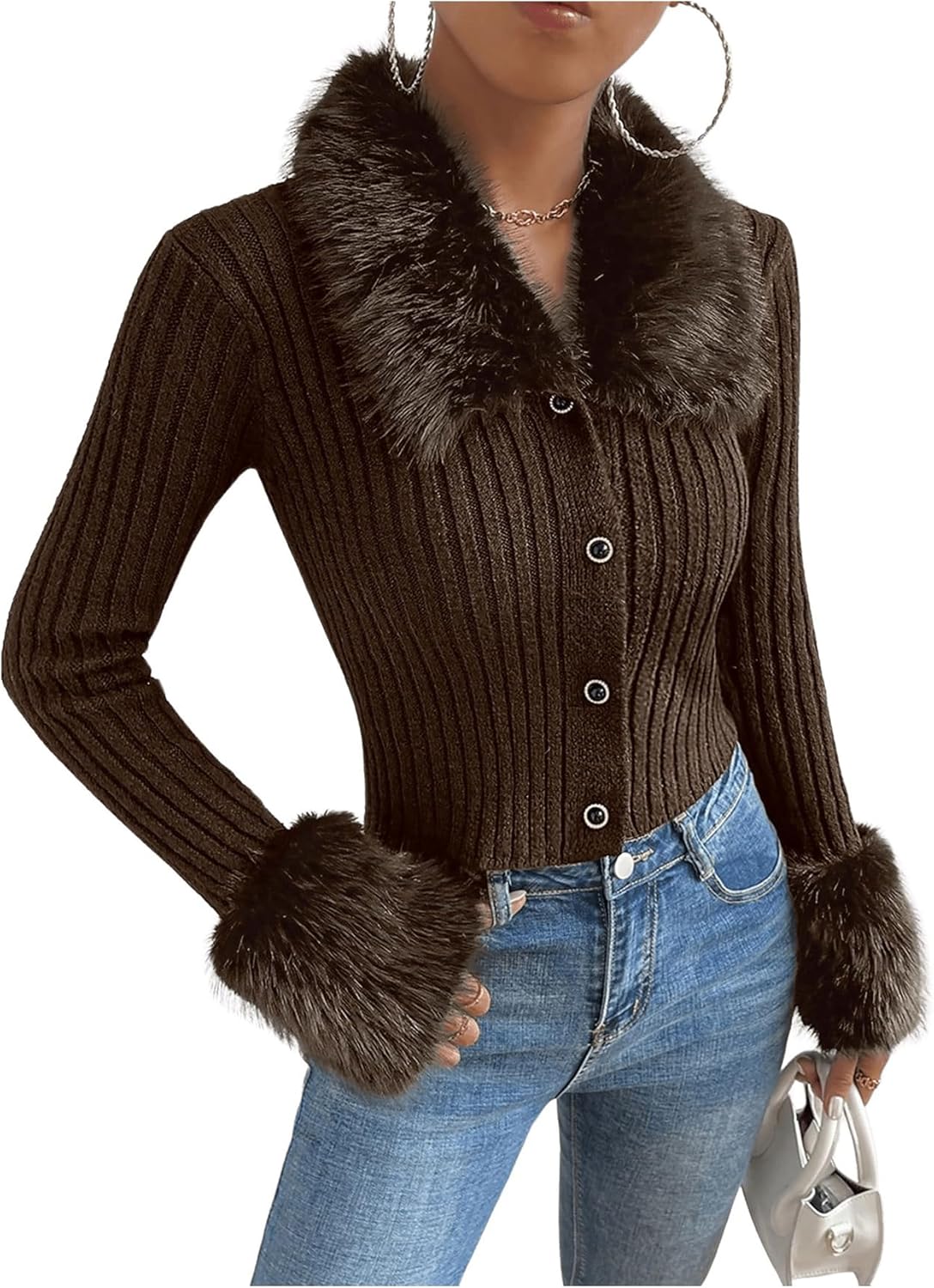 WDIRARA Women's Fuzzy Button Down Cardigan Sweaters Faux Fur Collared Long Sleeve Knit Outerwear
