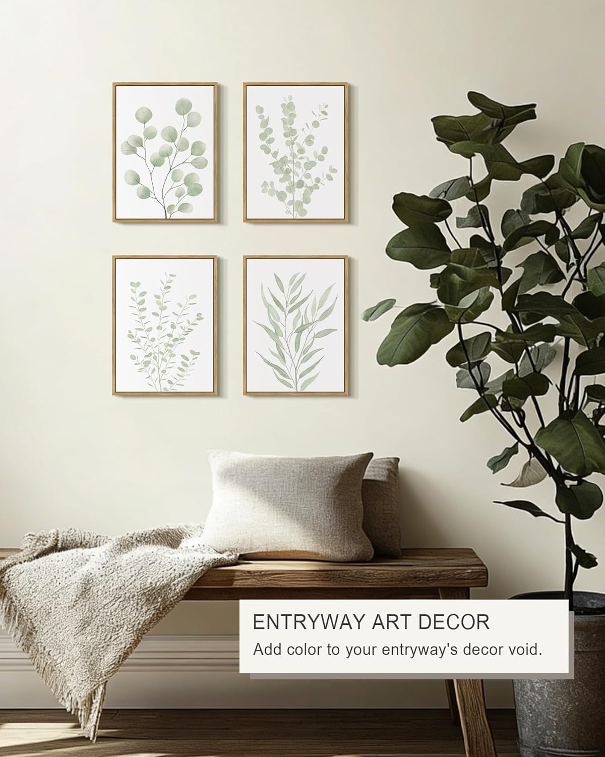 Drsoum Botanical Plant Framed Wall Art Boho Wall Decor for Bathroom Sage Green Eucalyptus Leaf Prints Minimalist Aesthetic Ready to Hang Set of 4, 11x14 in (Natural Framed)