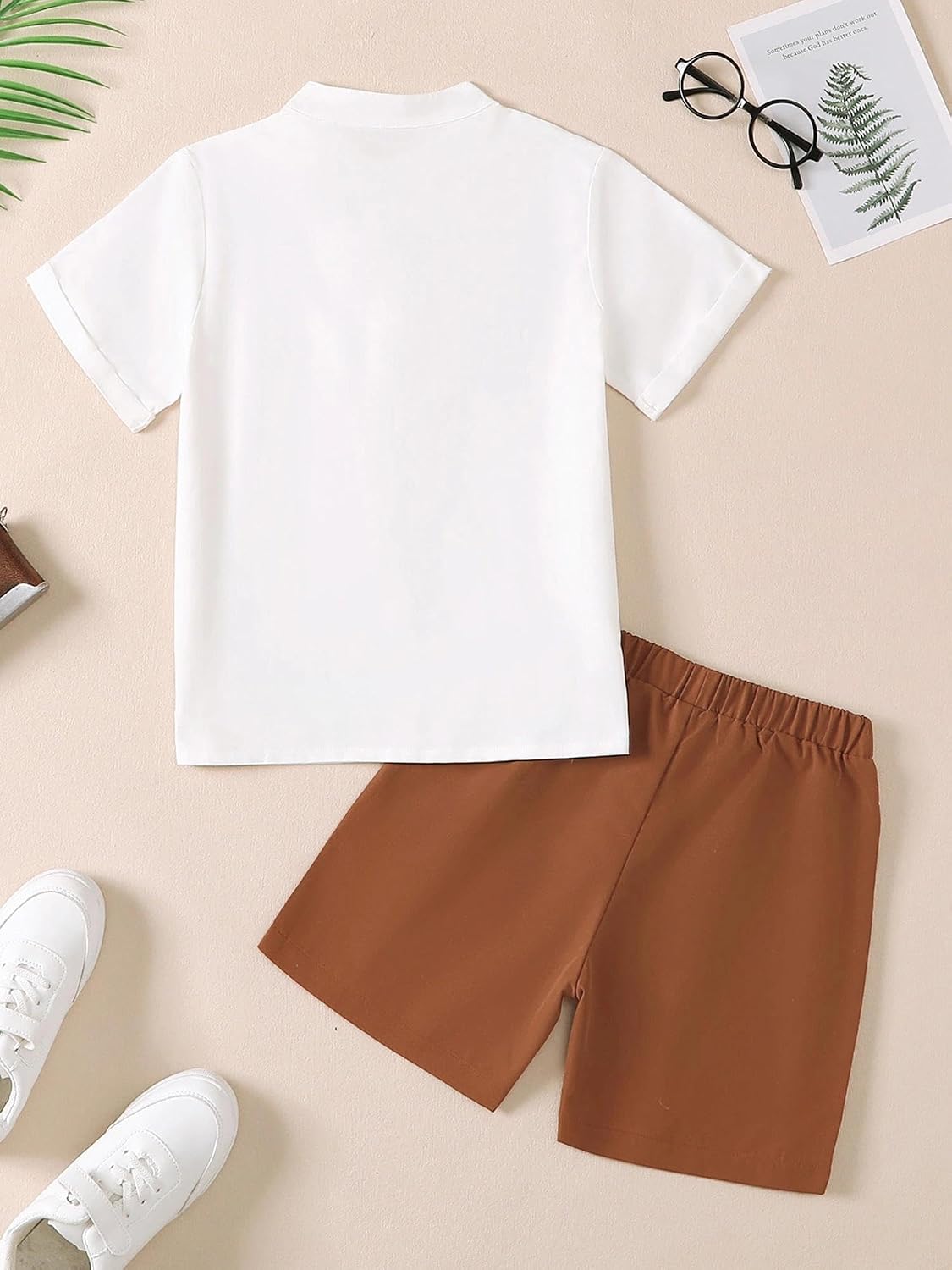 Boys Summer Vacation Outfit Mandarin Collar Shirt and Shorts Set Cruise Beach Wear