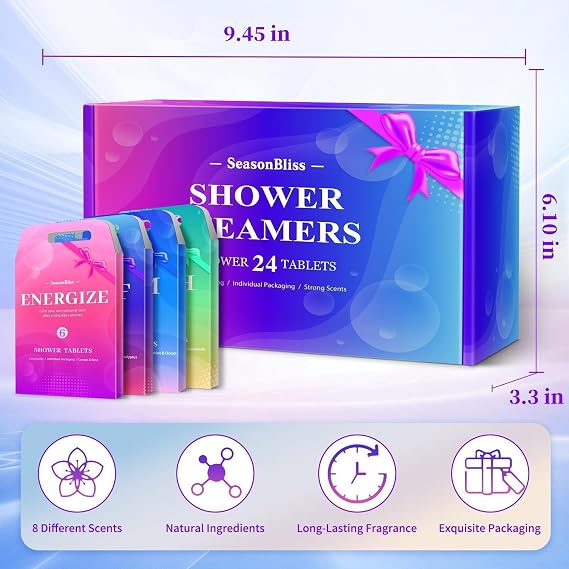 SeasonBliss Shower Steamers 24 Pack, Shower Tablets | Natural Ingredients, 8 Different Scents, Individually Wrapped Shower Steamer, Shower Steamers for Women