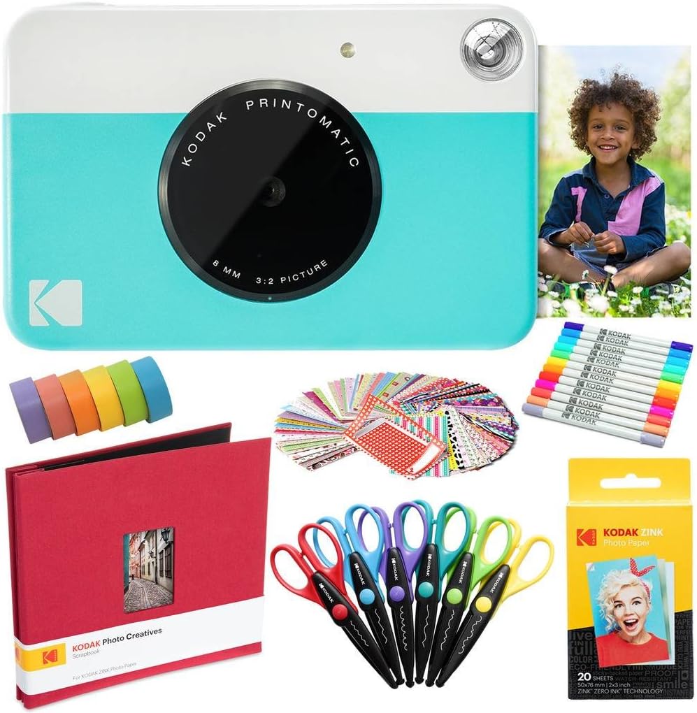Kodak Printomatic Instant Camera (Blue) Art Bundle + Zink Paper (20 Sheets) + 8x8 Cloth Scrapbook + 12 Twin Tip Markers + 100 Border Stickers + 6 Decorative Scissors + Washi Tape (AMZRODOMATICK4BL)