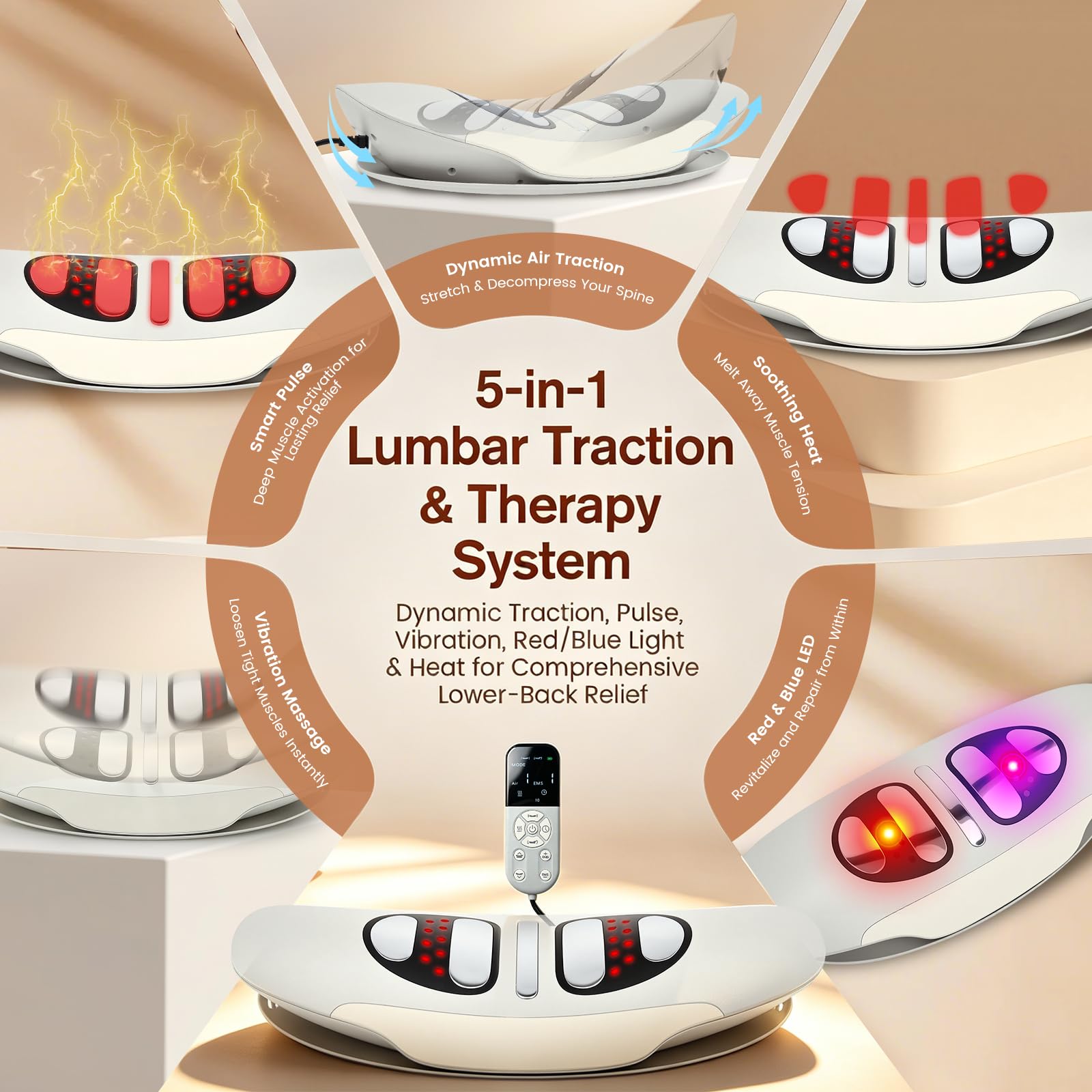 5 In 1 Rückenmassagegerät Unterer Rücken,3 Vibrationsmassage,3 Heizstufen