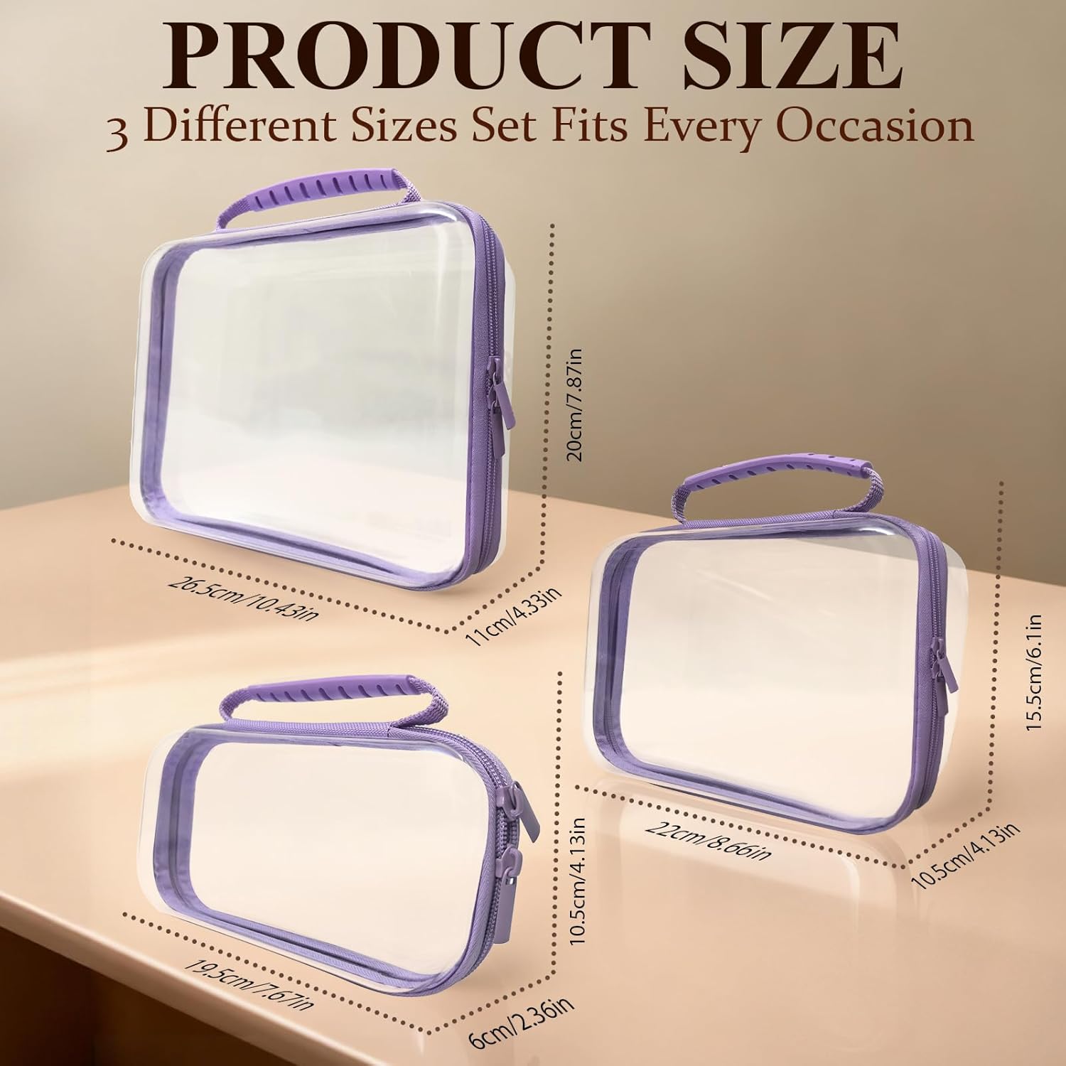 3 PCS Clear Zipper Pouches with Handle, Diaper Bag Organizer, Clear Makeup Bags Hardshell Toy Storage Bins with Zipper Toiletry Pouch Bag for Cosmetics Pencils Puzzles, Building Blocks - L+M+S