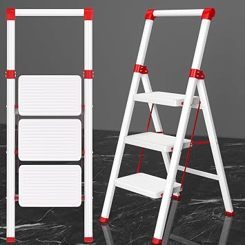 Foldable Step Ladder Stool for Home,3 Step Stool with Wide Anti-Slip Pedal, Heavy Duty 600Lbs Ladder for Indoor Kitchen Closet Stair Use, White Red