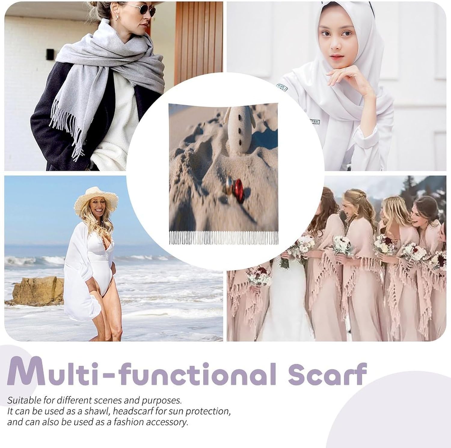Sand Snowman on Beach Winter Scarf for Women Soft Tassel Scarves Oversized Wraps Long Shawl Cold Weather Thick Blanket Scarfs