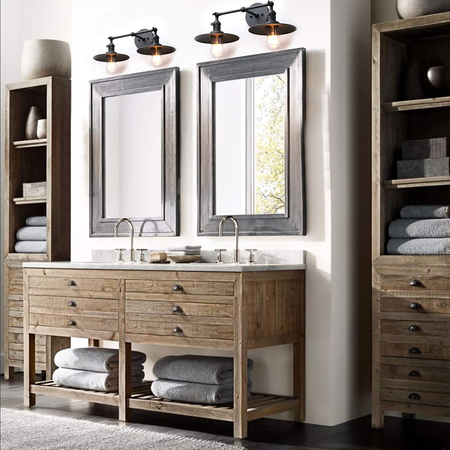 Best Cyber Monday 🔥 Phansthy 2 Lights Sconce with Switch Matte Black Vanity Light with Dual 7.87 Inches Flat Crafted Light Shade (Matte Black)