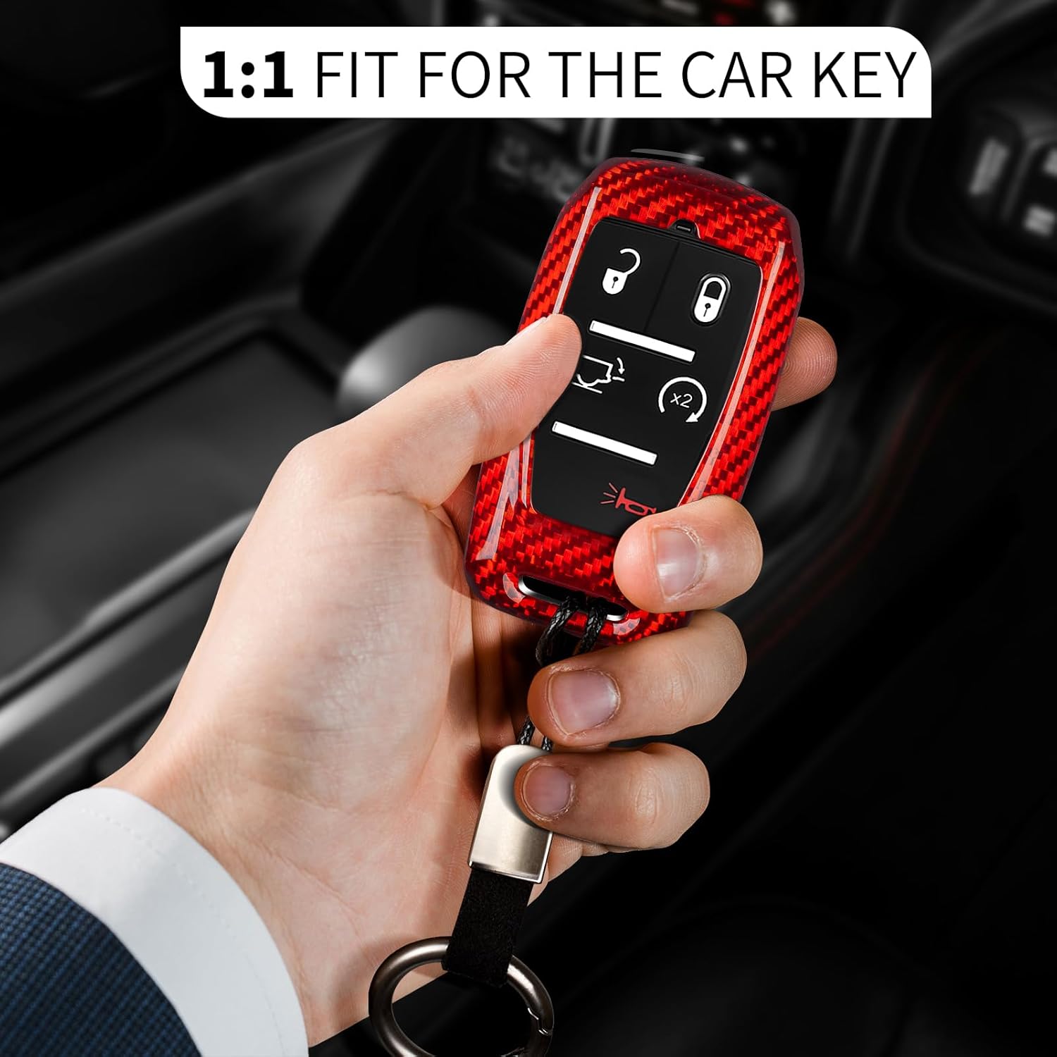 Key Fob Cover Compatible with Dodge Ram 1500 2500 3500 TRX Limited Rebel Bighorn Lonestar Laramie 3 4 5 6 Buttons Key Case,Genuine Glass Fiber Red,with Keychain
