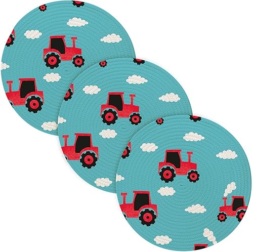 3 Pcs Round Trivet Red Tractor Blue for Hot Pots and Pans 15in Cotton Thread Weave Absorb Water Hot Pads for Microwave Stove House Decor