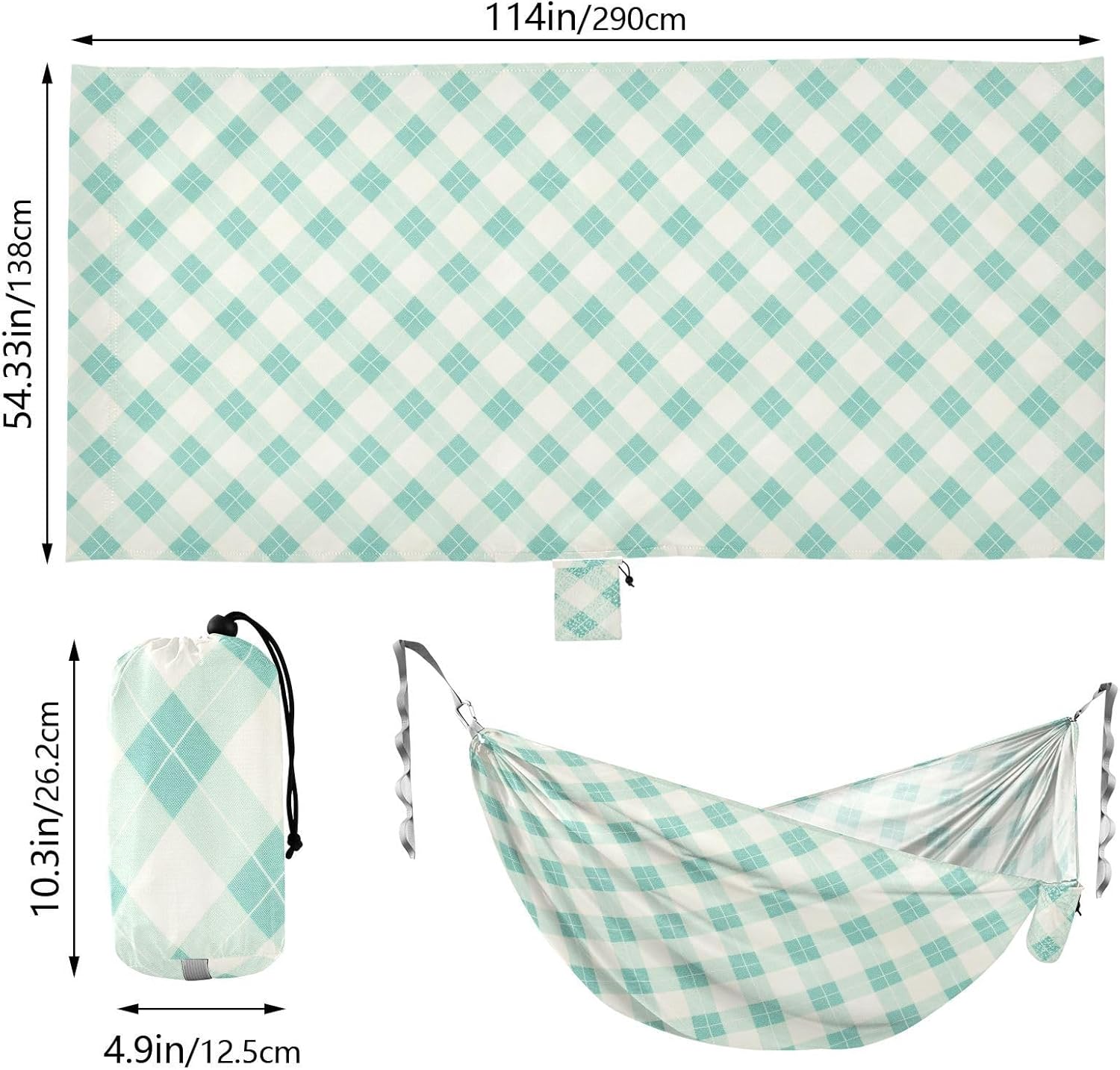 Mint Buffalo Plaid Check Hammocks for Camping with Portabl Carry Bag Hammock for Tree for Outside Beach Patio Garden