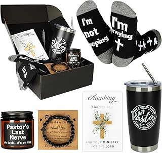 Splandiant Pastor Appreciation Gifts, 6 Pcs Christian Gifts for Pastor - 20oz Tumbler, Lavender Candle, Cotton Socks, Cross Bracelet & Thank You Card - Religious Gift for Man of God, Priest, Minister