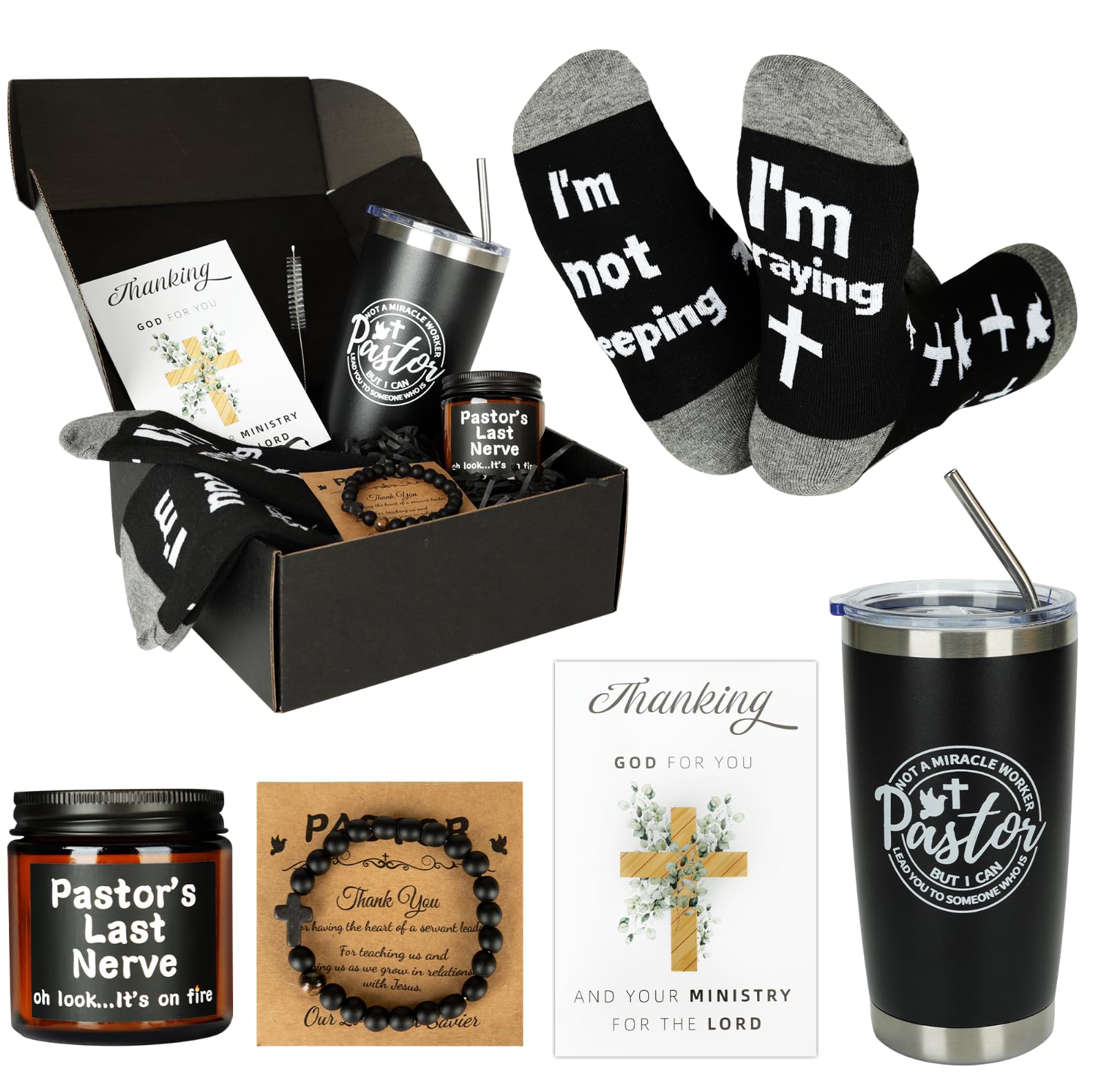 Splandiant Pastor Appreciation Gifts, 6 Pcs Christian Gifts for Pastor - 20oz Tumbler, Lavender Candle, Cotton Socks, Cross Bracelet & Thank You Card - Religious Gift for Man of God, Priest, Minister