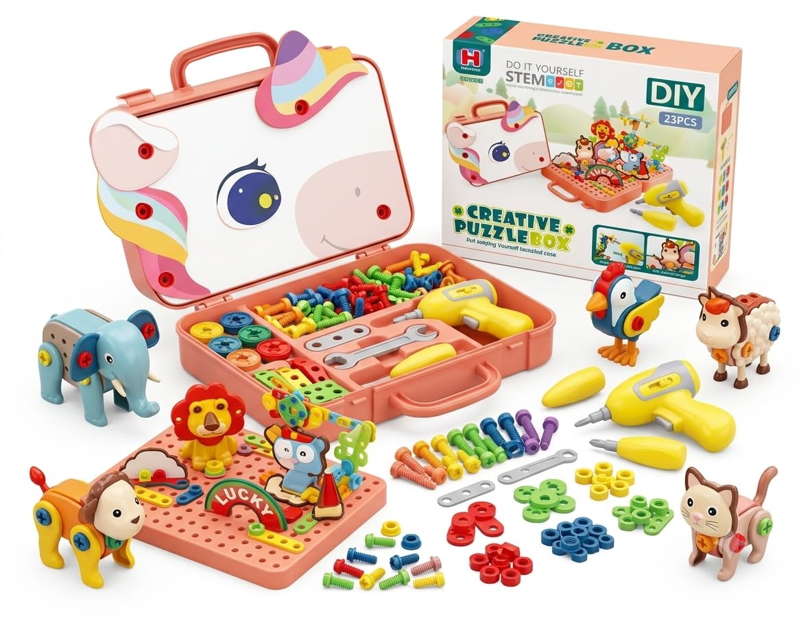 STEM DIY Construction Toy Set 232 Pcs with Electric Drill | Ages 3-8 Years, Mosaic Pegboard Included, Unicorn Storage Box, Motor Skills Activity, Boys & Girls-image-42