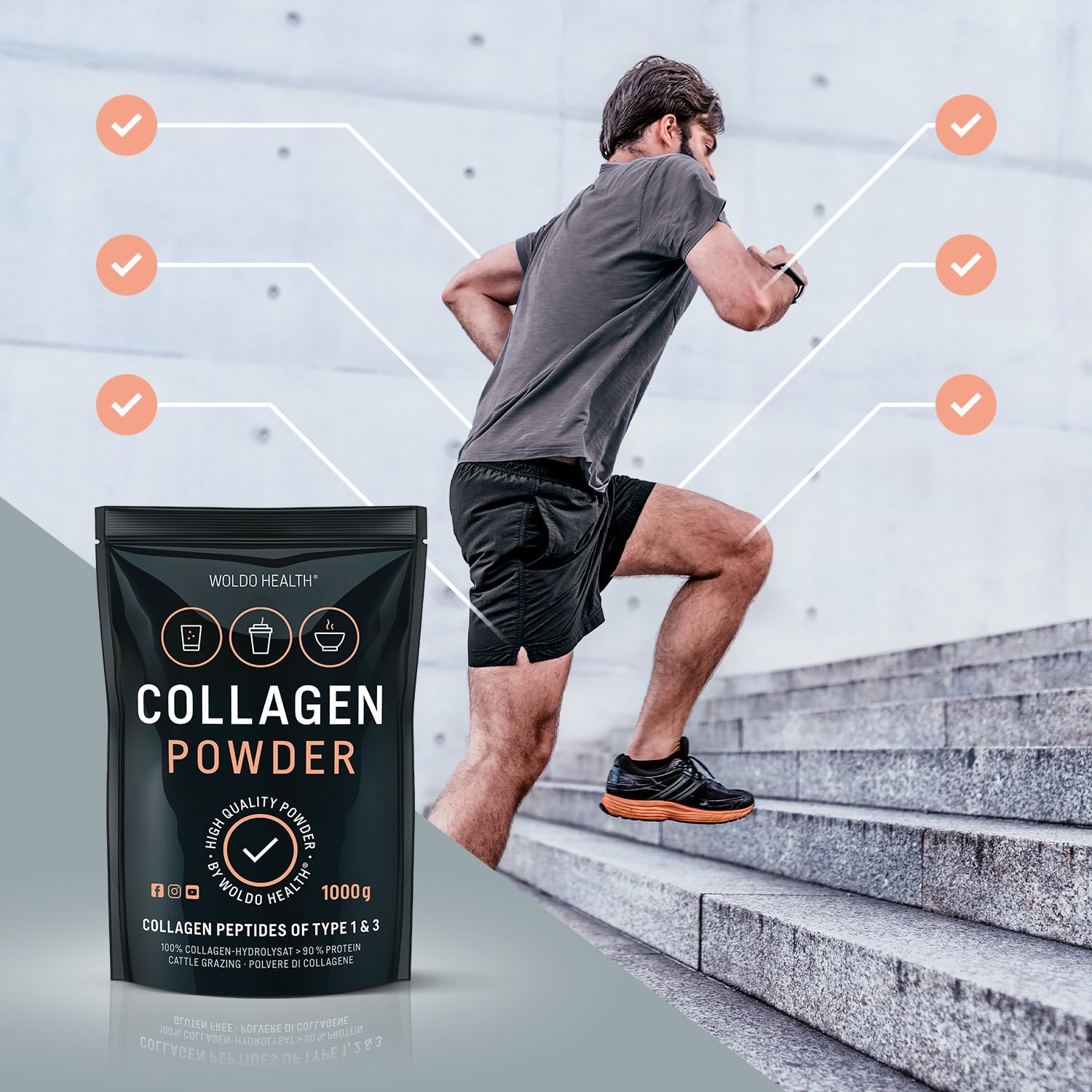 WoldoHealth Colágeno en Polvo de Vacas Criadas en Pastoreo Hidrolizado 1 kg - Proteína Soluble en Agua y Sin Sabor