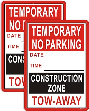 Temporary No Parking Construction Zone Tow Away Signs Date Time Write On 14x10 inches Metal Reflective Rust Aluminum UV Protected Weatherproof Sturdy Easy Mounting 2 Pack