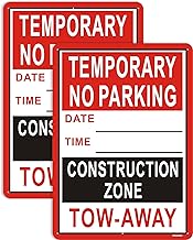 Temporary No Parking Construction Zone Tow Away Signs Date Time Write On 14x10 inches Metal Reflective Rust Aluminum UV Protected Weatherproof Sturdy Easy Mounting 2 Pack