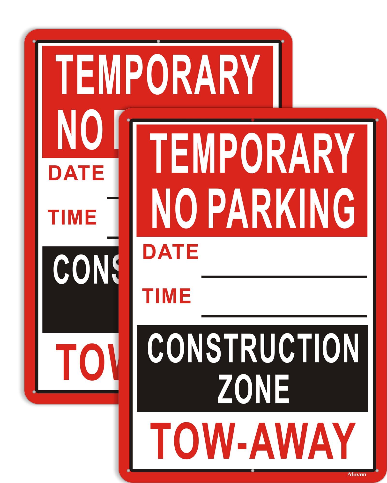 2 Pack Temporary No Parking Construction Zone Tow Away Signs Date Time Write On 8"x12" inches Metal Reflective Rust Aluminum UV Protected Weatherproof Sturdy Easy Mounting