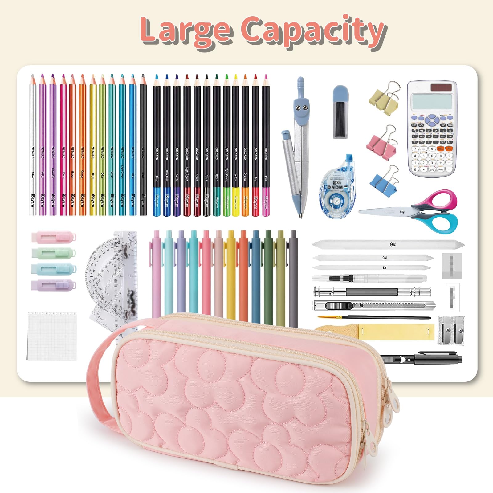 Bunnychic Pencil Case for Girls,Flower Quilted Large Capacity Pencil Pouch with 2 Compartment, Zipper Pencil Bag with Handle - Image 3